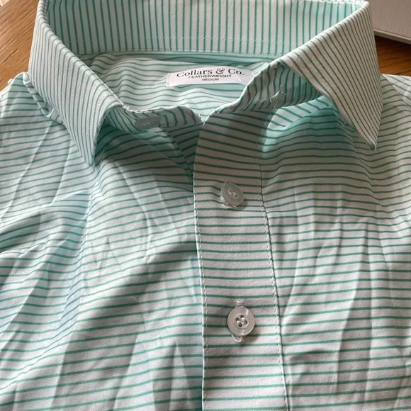 Collars & Co. Featherweight Flex Polo Augusta Green Stripe Size Medium NEW - Picture 6 of 6